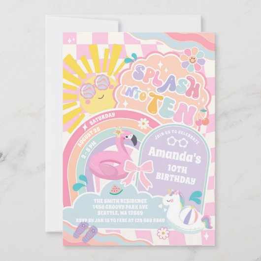 Splash in to Ten Retro Groovy Daisy 10th Birthday  招待状 (正面)