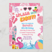 Splash Into 8レトロ8th Pool Birthday Party 招待状 (正面/裏面)