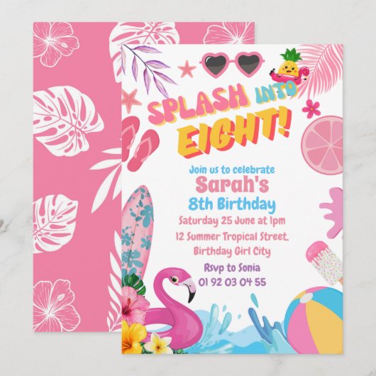 Splash Into 8レトロ8th Pool Birthday Party 招待状 (正面/裏面)