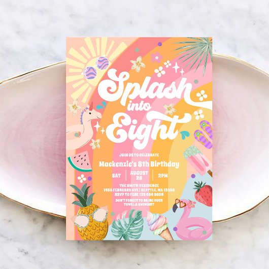 Splash Into Eight Rainbow Sun Summer 8th Birthday  招待状