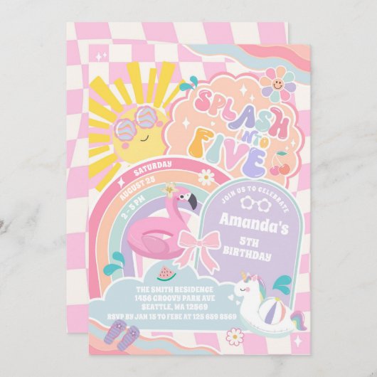 Splash Into Five Cloud Rainbow Disco 5th Birthday  招待状 (正面/裏面)