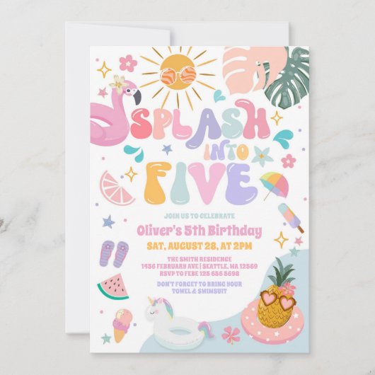 Splash Into Five Pool Party Summer 5th Birthday 招待状 (正面)
