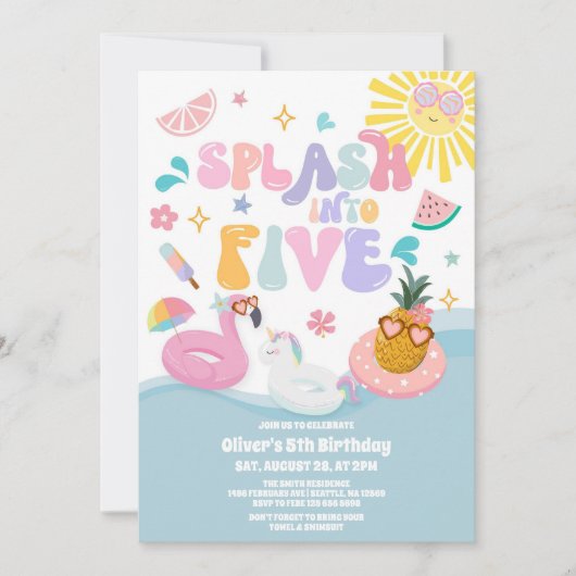 Splash Into Five Pool Party Summer 5th Birthday 招待状 (正面)