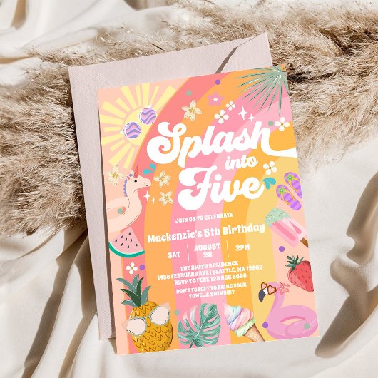 Splash Into Five Summer Rainbow Sun 5th Birthday 招待状