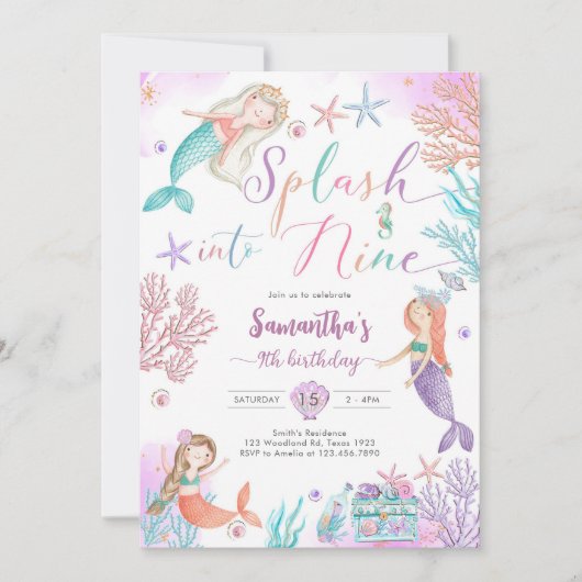 Splash Into Nine Mermaid Under The Sea Birthday 招待状 (正面)