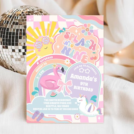 Splash Into Nine Pool Party Rainbow 9th Birthday  招待状