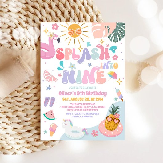 Splash Into Nine Pool Party Summer 9th Birthday 招待状