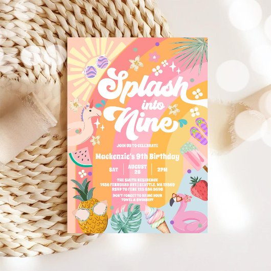 Splash Into Nine Summer Rainbow Sun 9th Birthday 招待状
