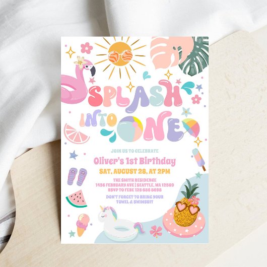 Splash Into One Pool Party Summer 1st Birthday 招待状
