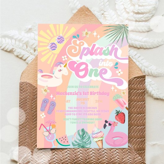Splash Into One Summer Rainbow Sun 1st Birthday 招待状