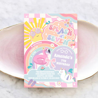 Splash Into Seven Pool Party Rainbow 7th Birthday  招待状