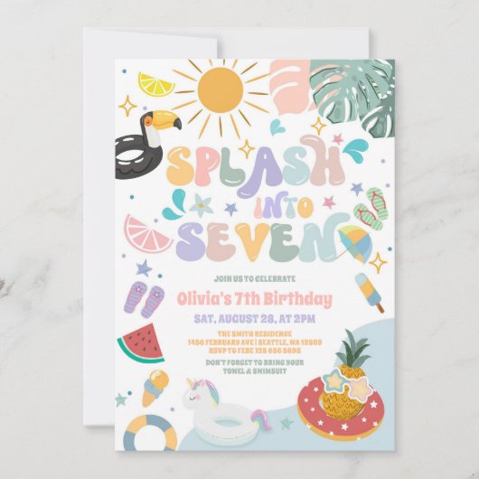 Splash Into Seven Pool Party Summer 7th Birthday 招待状 (正面)
