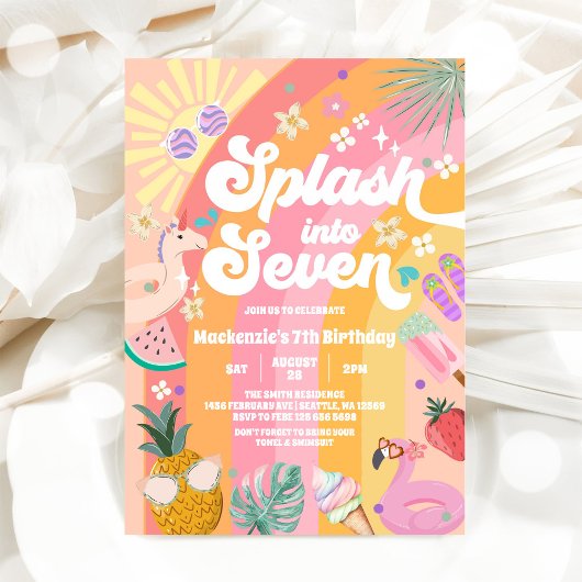 Splash Into Seven Summer Rainbow Sun 7th Birthday 招待状