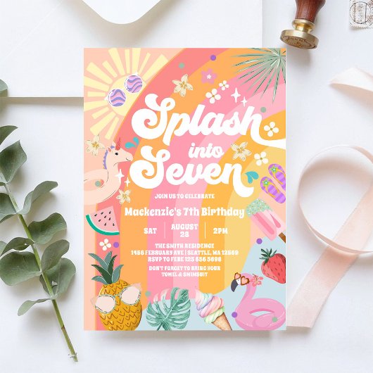 Splash Into Seven Summer Rainbow Sun 7th Birthday 招待状
