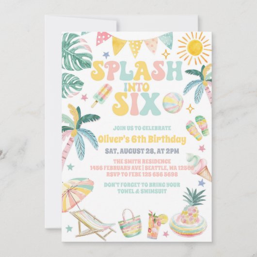 Splash Into Six Beach Party Summer 6th Birthday 招待状 (正面)