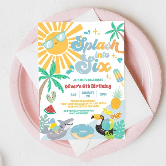 Splash Into Six Groovy Summer Beach 6th Birthday I 招待状