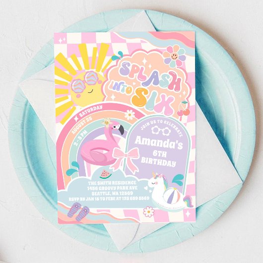 Splash Into Six Rainbow Sun 6th Birthday 招待状