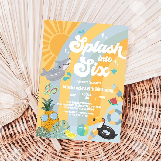 Splash Into Six Summer Rainbow Sun 6th Birthday  招待状