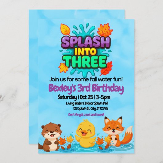 Splash Into Three Fall Water Fun birthday  招待状 (正面/裏面)