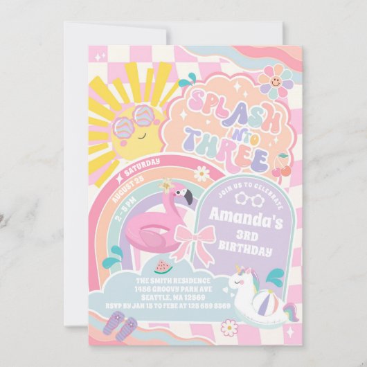 Splash Into Three Pool Party Rainbow 3rd Birthday 招待状 (正面)