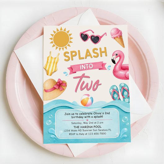 Splash Into Two Summer Pool Birthday Party 招待状