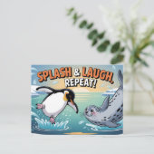 "Splash & Laugh" 気まぐれな北極ペンギンとアザラシ ポストカード (スタンド正面)