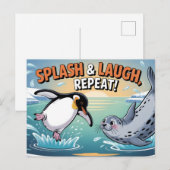 "Splash & Laugh" 気まぐれな北極ペンギンとアザラシ ポストカード (正面/裏面)