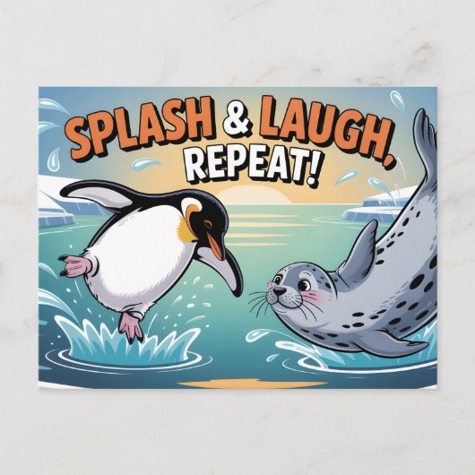 "Splash & Laugh" 気まぐれな北極ペンギンとアザラシ ポストカード (正面)