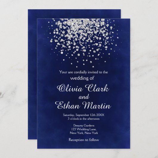 Splash of Silverグリッターon 王室の Blue 招待状 (正面/裏面)