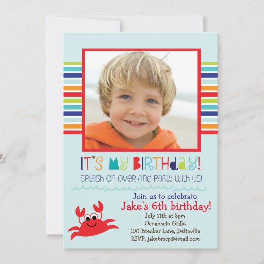 Splashingカニの夏の誕生日パーティーの招待状 招待状 (正面)