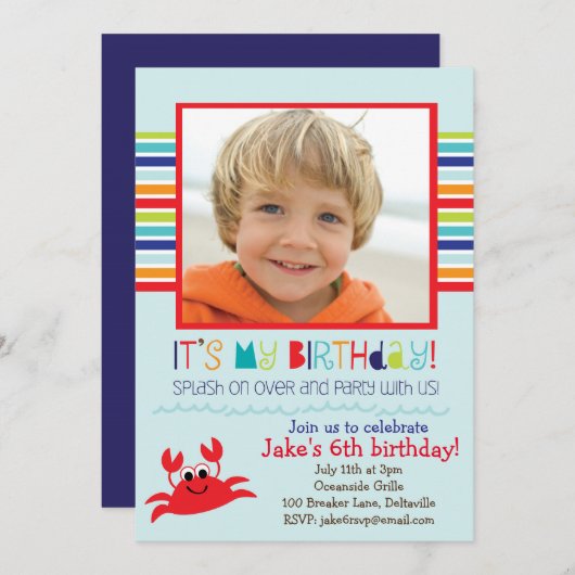 Splashingカニの夏の誕生日パーティーの招待状 招待状 (正面/裏面)