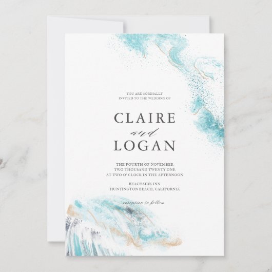 Splashing Blue Waves Coastal 結婚's 招待状 (正面)