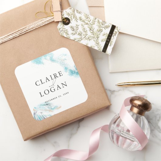 Splashing Blue Waves Coastal Wedding スクエアシール (ギフト)