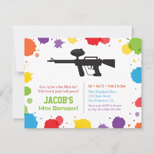 Splatはライフルのペイントボールの誕生会を絵を描きます 招待状 (正面)