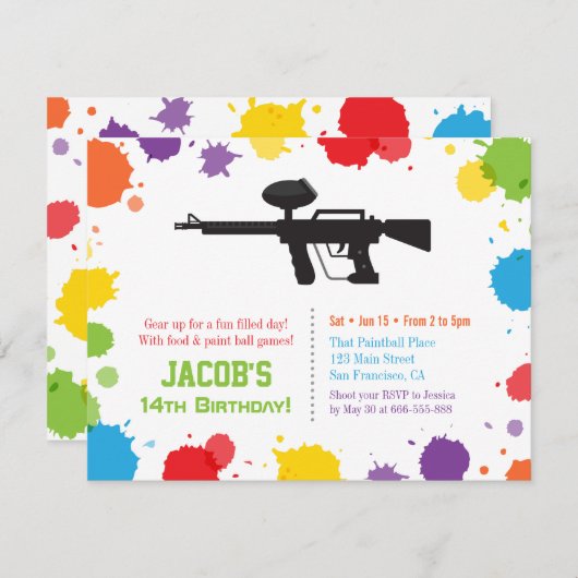 Splatはライフルのペイントボールの誕生会を絵を描きます 招待状 (正面/裏面)