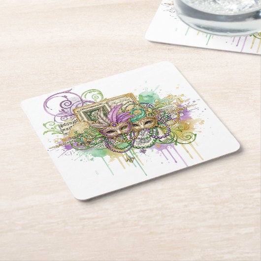 Splatter Mardi Gras collage スクエアペーパーコースター (アングル)