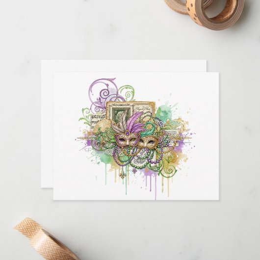 Splatter Mardi Gras collage ノートカード (正面/裏面インサイチュ)