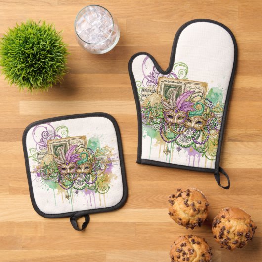 Splatter Mardi Gras collage 鍋つかみ&鍋敷きセット (トップダウン)