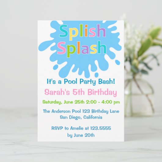 Splishのしぶきのプールを囲んでのパーティの女の子の誕生日の招待状 招待状 (スタンド正面)