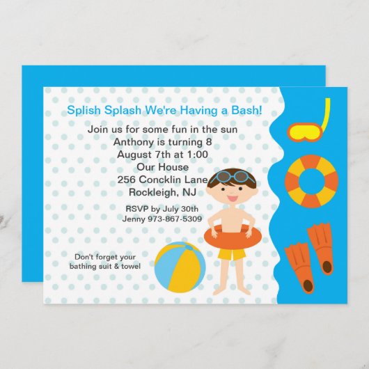 Splishのしぶきのプールを囲んでのパーティの男の子の誕生日の招待状 招待状 (正面/裏面)