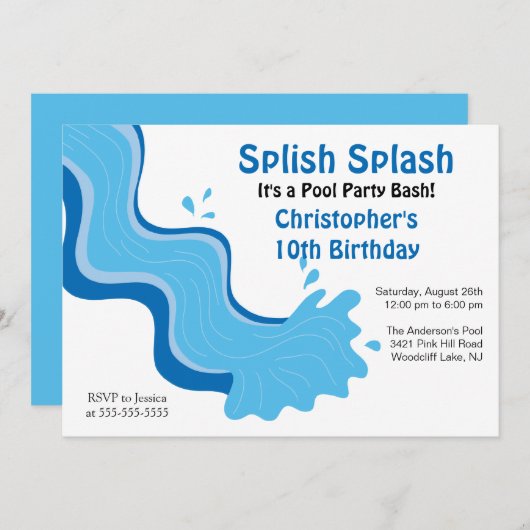 Splishのしぶきのプールを囲んでのパーティの誕生日の招待状 招待状 (正面/裏面)