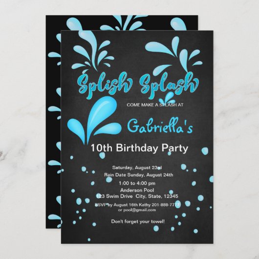 Splishのしぶきのプールを囲んでのパーティの誕生日 招待状 (正面/裏面)