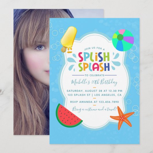 Splish Splash 誕生日パーティー 写真入り 招待状 (正面/裏面)