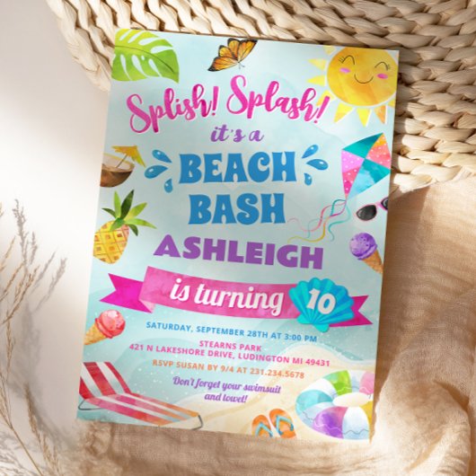 Splish Splash Beach Birthday Party Invitation 招待状