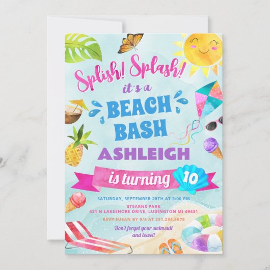 Splish Splash Beach Birthday Party Invitation 招待状 (正面)
