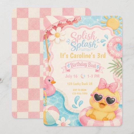 Splish Splash Duck Pool 誕生日招待状 | ピンク 招待状 (正面/裏面)