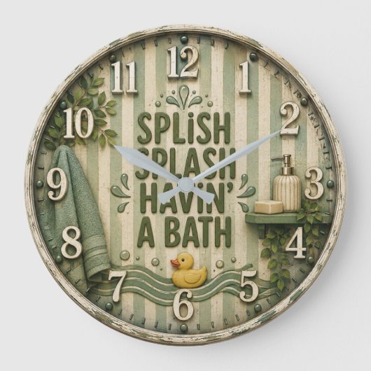 Splish Splash Havin' a Bath Farmhouse Bathroom ラージ壁時計 (正面)