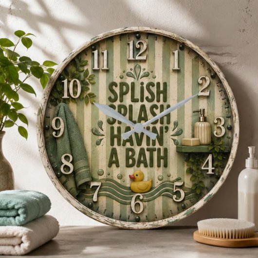 Splish Splash Havin' a Bath Farmhouse Bathroom ラージ壁時計