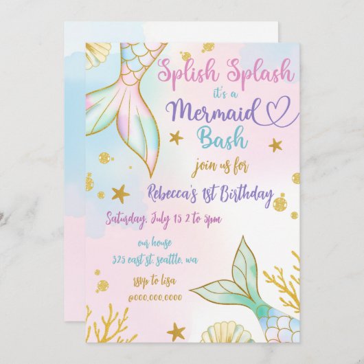 Splish Splash Mermaid Bash Birthday Party 招待状 (正面/裏面)