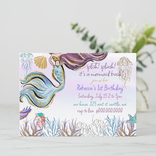 Splish Splash Mermaid Bash Birthday Party 招待状 (スタンド正面)